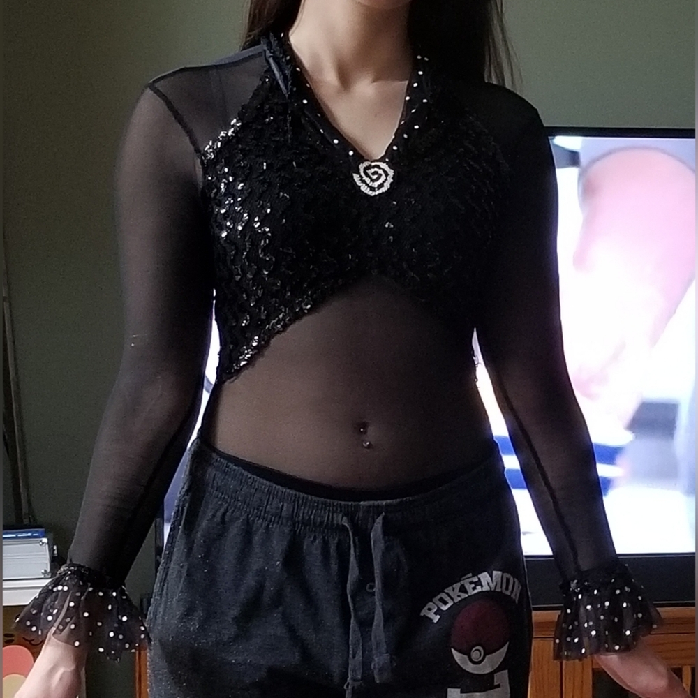 Elegant Black Sequin Mesh Bodysuit